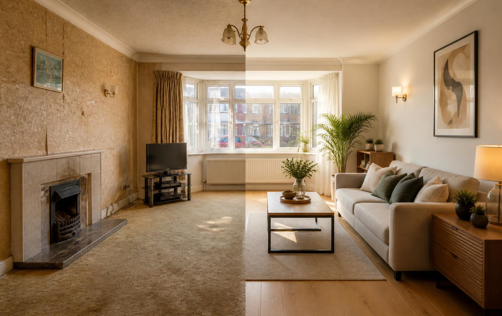 A tired British living room on the left transformed into a bright, modern, warmly furnished room on the right